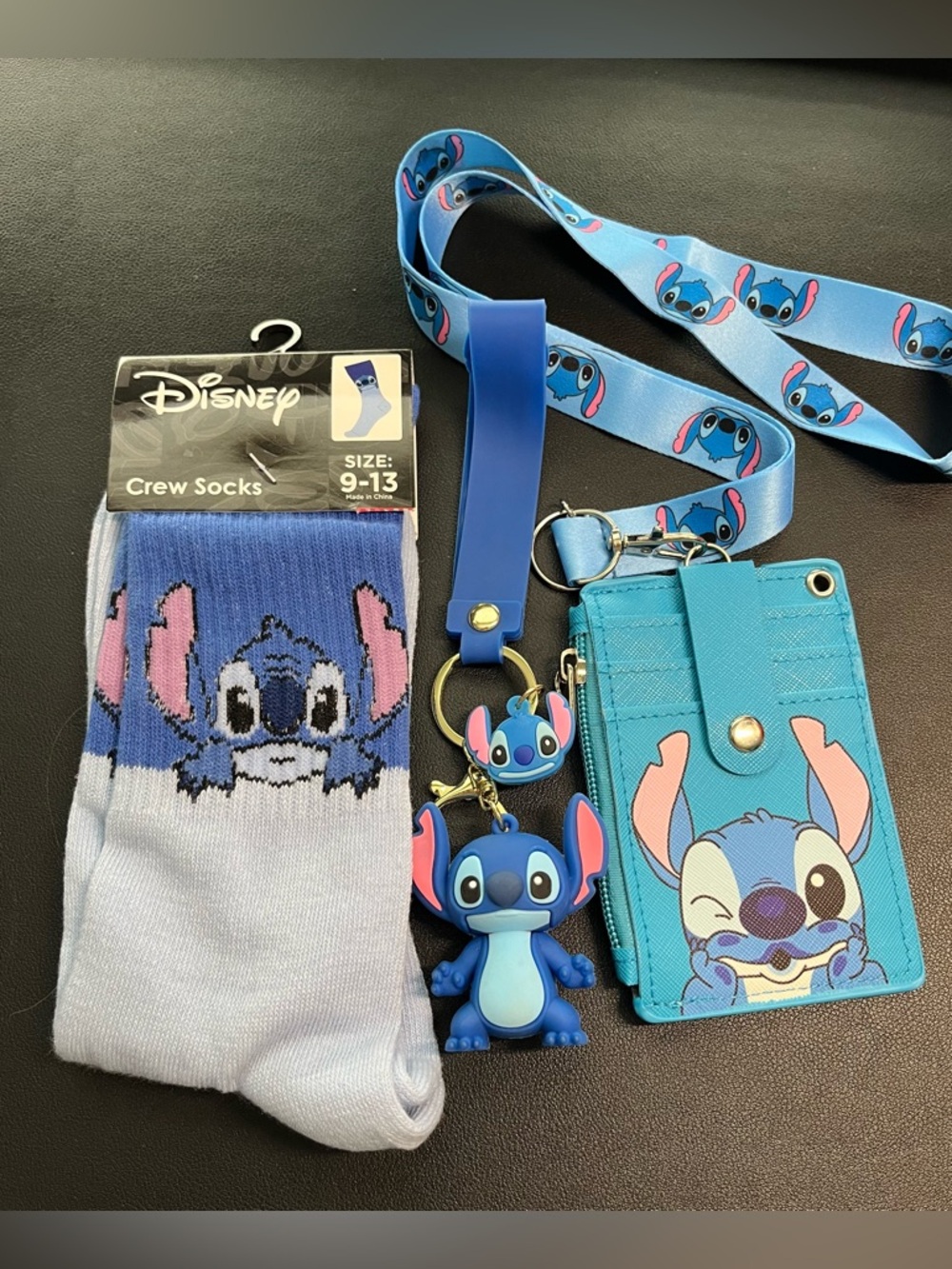 Disney Blue & Pink Stitch Socks, Lanyard, Wallet & Keychain Set